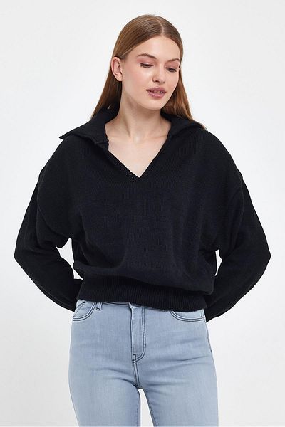 VENA Pulover Karmen Tricotaj Regular Fit cu guler polo - Negru