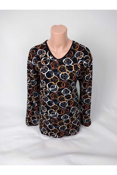 YAŞAR TRİKO Women's Black Orange U-Neck Long Sleeve Patterned Slit Woven Viscose Mother Combed Cotton T-Shirt