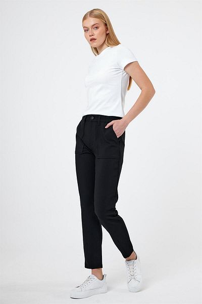 VENA Norah Elastic Waist Gabardine Smart Trousers - Black
