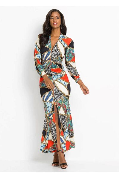 Şans Rochie de damă cu mâneci colorate de dimensiuni mari, cu guler decoltat și cu fante 65n22121