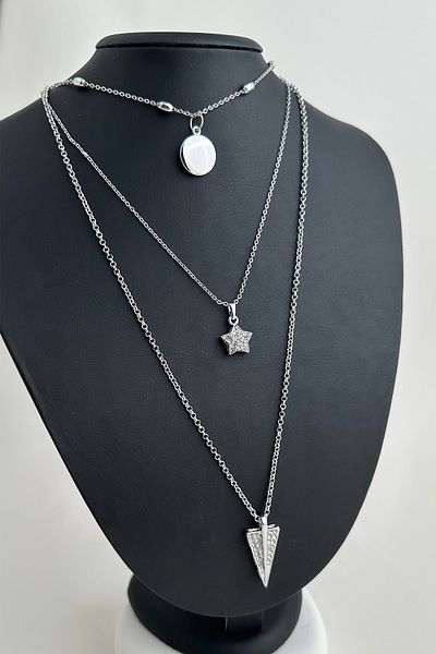 Modex Geometric Triangle Shaped Triple Necklace with Silver Color Stones