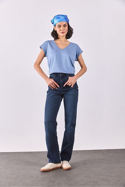 VENA Tricou modal cu decolteu în V Khloe, cu detaliu din dantelă (TENCEL)(TM) - ALBASTRU
