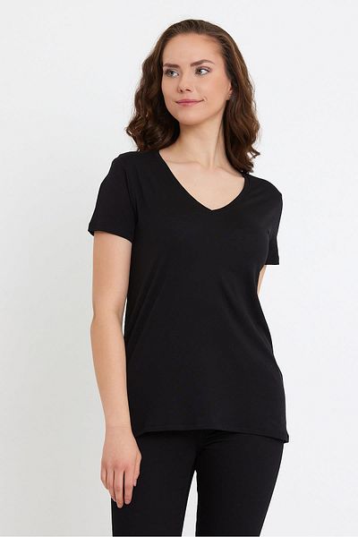 VENA Tricou Boyfriend cu decolteu în V Regular Fit (Modal) - Negru