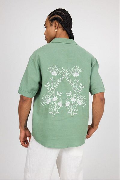 SUN STYLE Πουκάμισο από λινό μουσελίνα Oversize με λεπτομέρεια κεντήματος μπροστά-πίσω