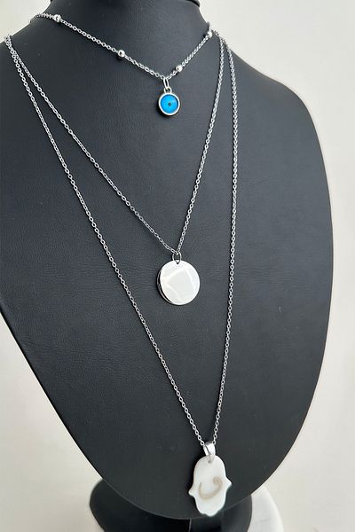 Modex Silver Color Pearlescent Vav Written Triple Necklace