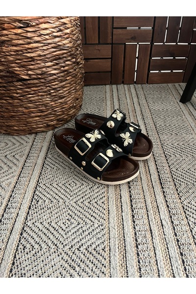 Behtah Kundura Siyah Kelebek Taşlı Şık Tasarım Yumuşak Ortopedik Yüksek Tabanlı Günlük Terlik