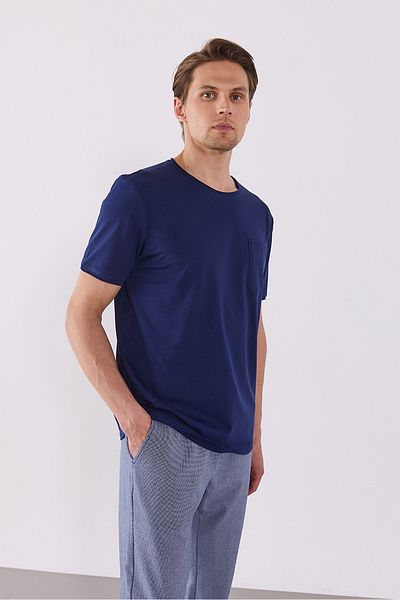 VENA Simon Crew Neck Basic T-Shirt με λεπτομέρεια τσέπης - ΣΚΟΥΡΟ ΜΠΛΕ