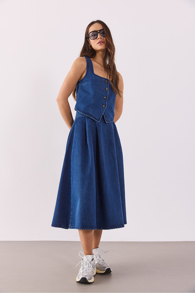 VENA Pilili Kloş Lyocell Dark Blue Midi Boy Jean Etek - DARK BLUE