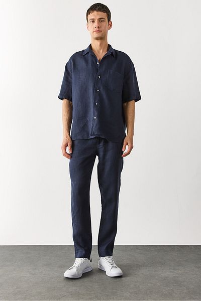 VENA Ken Elastic Waist Linen Chino Trousers - Dark Blue