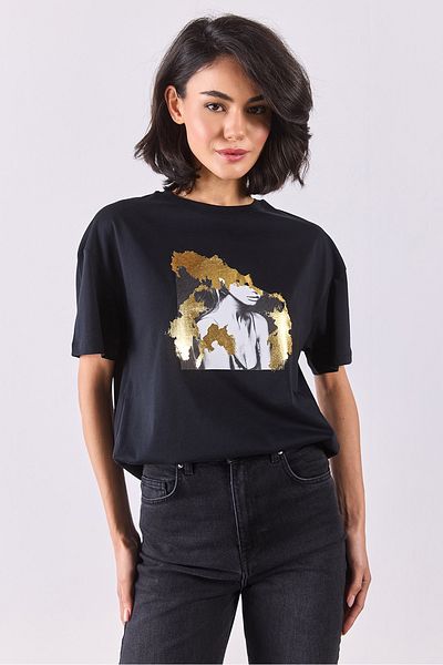 VENA Tricou cu imprimeu cu folie - NEGRU