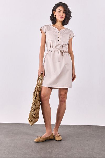 VENA Riva Front Buttoned Regular Fit Gabardine Dress - Stone
