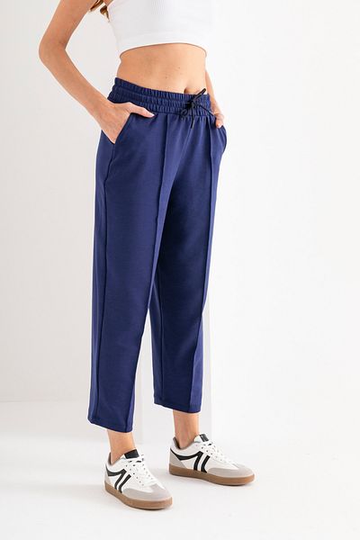 Warasiva Pantaloni de damă, albastru bleumarin, din țesătură modal, model balon, cu nervuri în față, pantaloni confortabili