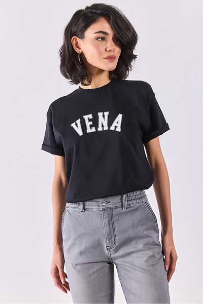 VENA Tricou cu decolteu rotund cu imprimeu jeans - negru