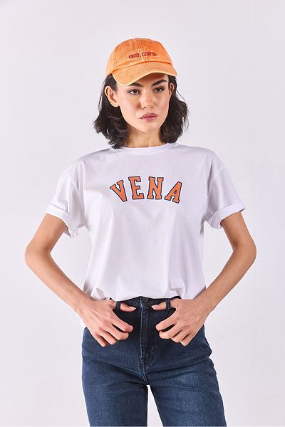 VENA Jeans Printed Crew Neck Regular Fit T-Shirt - White