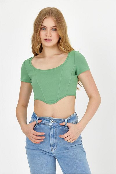 VENA Μπλουζάκι Greta Square Collar Crop - Πράσινο