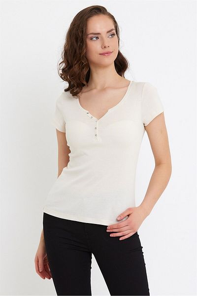 VENA Matilda Button Detailed Bodycon T-Shirt - Stone