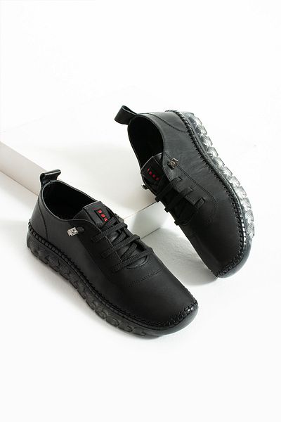 HVZ Exclusive Black Genuine Leather Hand Knitted Women's Casual Shoes Ergonomic Orthopedic Casual Comfortable Lace up Stitched