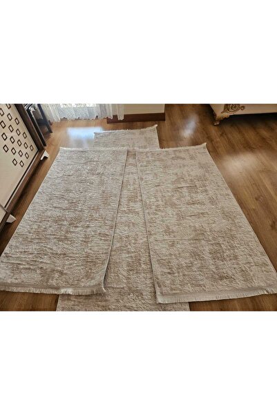 AKSU Modern dinarsu 3lü krem embos saçaklı yatak odası takımı yıkanabilir 2adet 80x150 1adet80x250