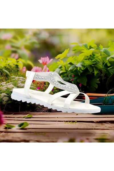 Behtah Kundura White Elastic Summer Stone Women's Slippers Sandals Comfortable Light Sole