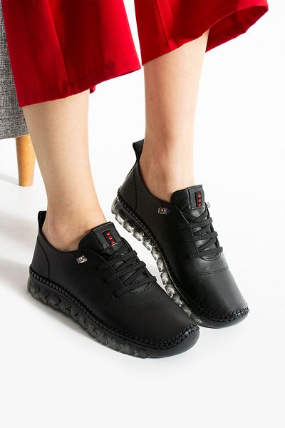 HVZ Exclusive Black Genuine Leather Hand Knitted Women's Casual Shoes Ergonomic Orthopedic Casual Comfortable Lace up Stitched