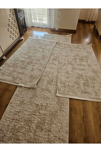 AKSU Modern dinarsu 3lü krem embos saçaklı yatak odası takımı yıkanabilir 2adet 80x150 1adet80x250