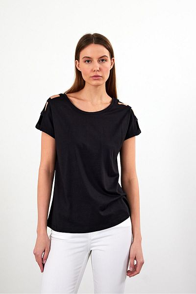 VENA Tricou Elsa cu gât turnat cu detaliu pe umeri (modal) - negru