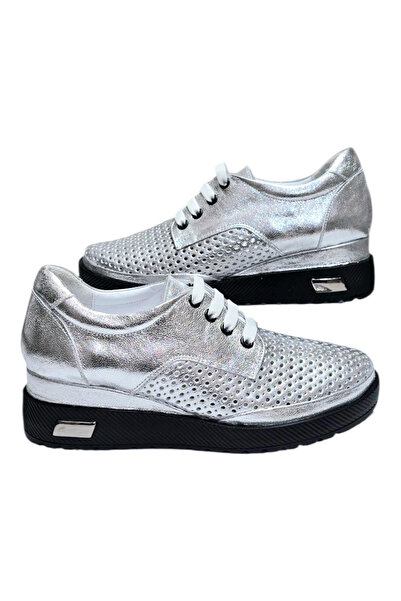 Sebli Shoes Kadın Sneaker Gümüş Yumuşak Cilt Spor Ayakkabı Hakiki Deri