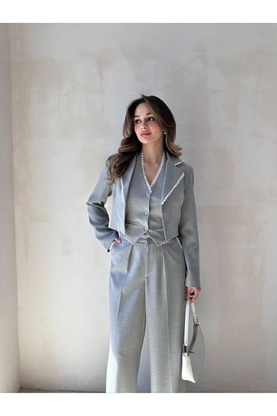 Rabia Çelik Women's Gray Lace Detailed High Waist Pants Vest Blazer Jacket 3-Piece Suit