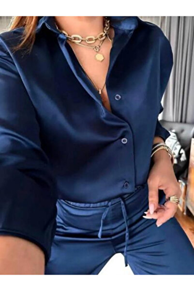 thesunfyre Жіноча синя елегантна та повсякденна сорочка з довгими рукавами, вузьким кроєм та ґудзиками з атласу