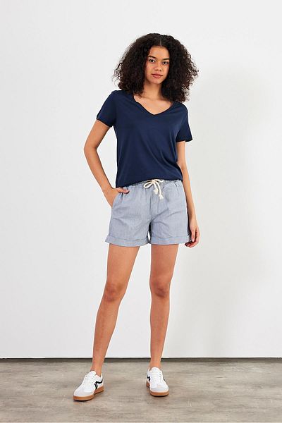 VENA Alian Striped Elastic Waist Gabardine Shorts - Navy Blue Striped