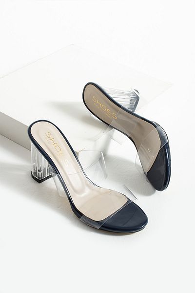 HVZ Exclusive Navy Blue Transparent Women's Heeled Slippers Comfortable Ergonomic Thick Heel Shoes (9cm) Engagement, Evening Dress, Wedding