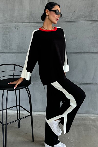 WOMAN VISION Fekete kötöttáru csíkos túlméretes pulóver és nadrág szett - rugalmas és hasított 1030