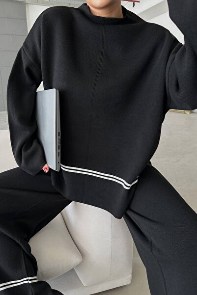 vuvutasarım Rugalmas kötöttáru, túlméretezett pulóver és csíkos, magas derekú, széles szárú nadrág, fekete alsó felső kötöttáru szett 3040