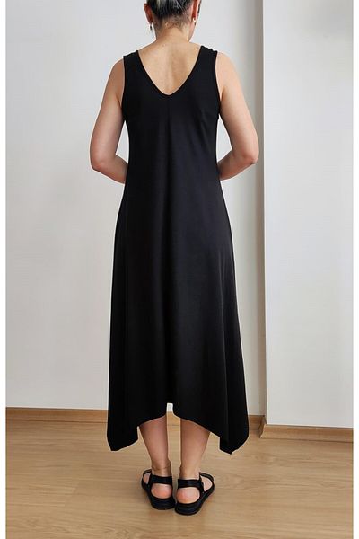 EKAY Zero Sleeve Ring Asymmetrical Black Long Dress