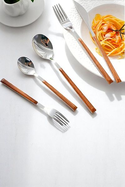 Mirilliahome 30 Piece Fork Spoon Knife Set with Wooden Handle – Stainless Steel Dinnerware Set for 6 People