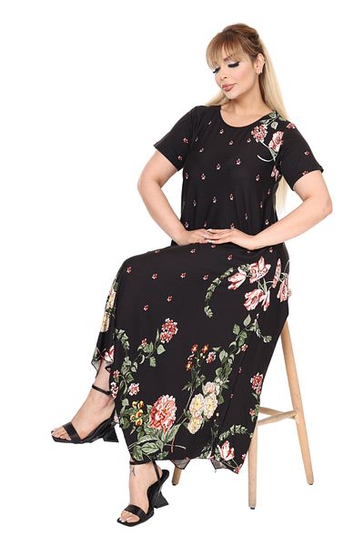 HERAXL Women's Black Asymmetric Cut Floral Patterned Short Sleeve Plus Size Dress