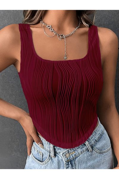 Wild Flower Crop de vară burgundă împletită, elastică, slim-fit, cu guler pătrat