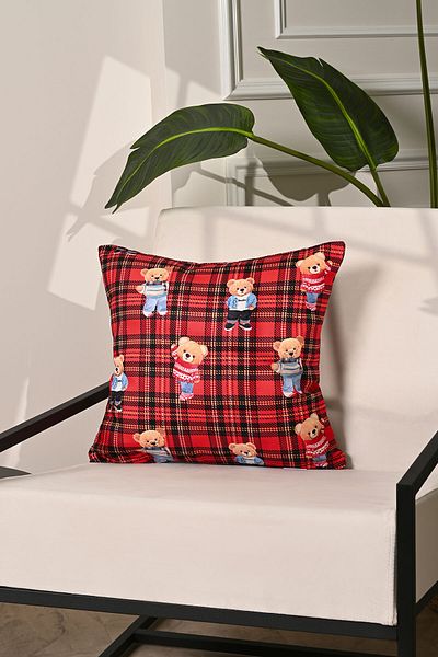 DECO Plaid Floor Teddy Bear Patterned Digital Printed Throw Pillow Cover