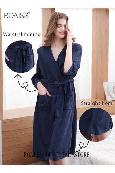 ROAISS Women and Men Waffle Kimono Bathrobe Cotton Sleepwear Spa Robe Nightwear