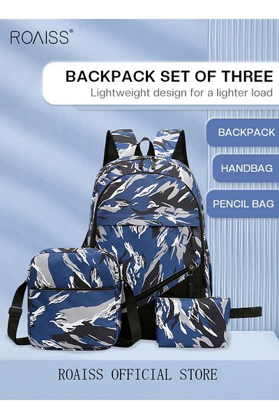 ROAISS 3-Piece New Trendy Backpack High School Student Schoolbag Casual Camouflage Travel Backpack