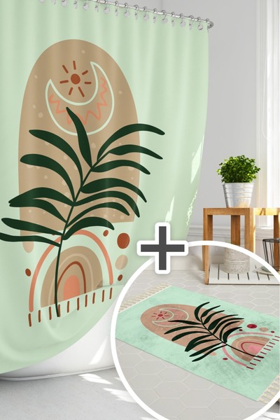 Tropikhome Yeşil Palmiye Desen Banyo Perde Seti Kaymaz Taban Banyo Paspas Set...