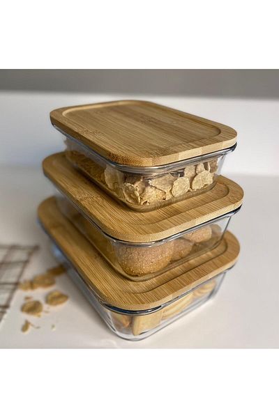 Noah Set of 3 Lu Storage Containers (650ml 1000ml 1500ml)-Heat Resistant-Bamboo Leak Proof Lid