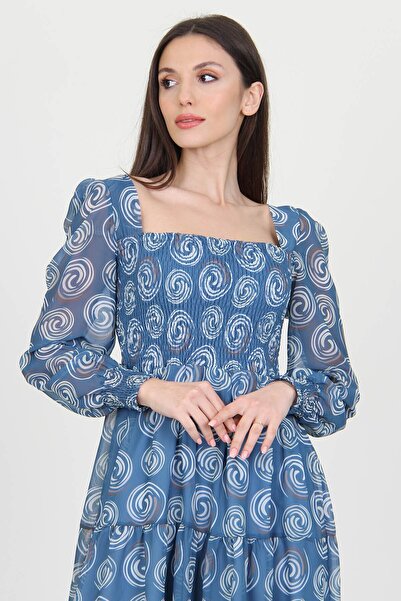 Genel Markalar Kadın Kare Yaka Gipeli Midi Boy Astarlı Şifon Elbise Btq0661