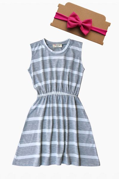 Parla Kids 0011 - Γκρι Λευκό Ριγέ Φόρεμα Φούξια Μπαντάνα Σετ