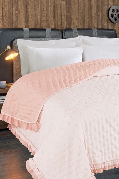 Çeyiz Diyarı Adriana Ruffled Fiber Filled Double 200X220 cm Bedspread Without Pillowcase Powder