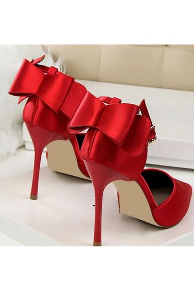 Felisya Butik Bow Detailed Red Satin Heeled Shoes 10.5 Cm-Felisyabutik