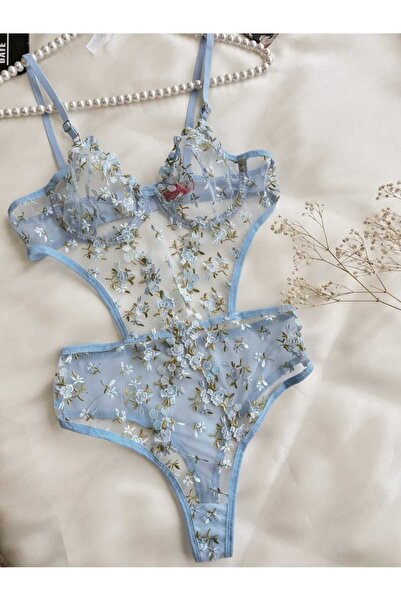 unbranded mavi balenli çiçekli bodysuit