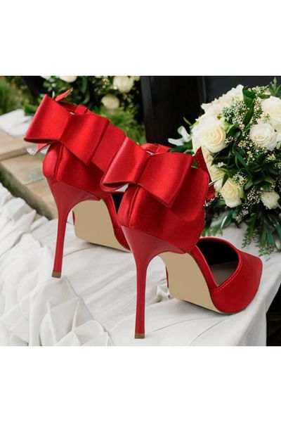 Felisya Butik Bow Detailed Red Satin Heeled Shoes 10.5 Cm-Felisyabutik
