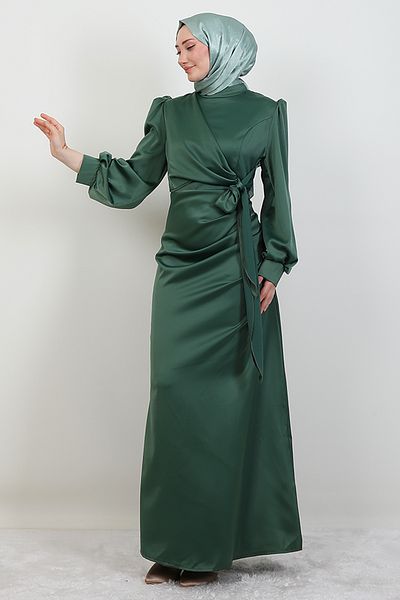 GİZ AGİYİM Light Green Satin Dress - Side Belted
