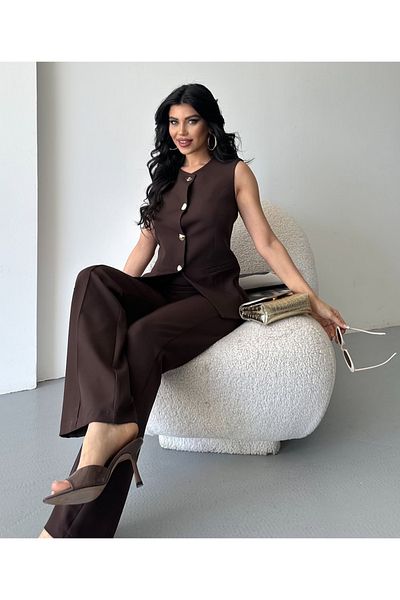 pembekurdelem Women's Design Buttoned Vest Trousers Suit Brown